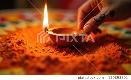 Dashahra, India. Macro Texture of Rangoli Powder and Terracotta Diya with Flame 130893801