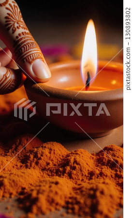 Dashahra, India. Macro Texture of Rangoli Powder and Terracotta Diya with Flame Dashahra, India. Macro Texture of Rangoli Powder and Terracotta Diya with Flame 130893802