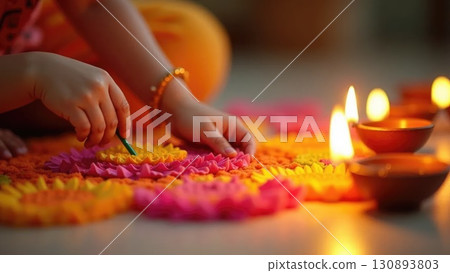 Dashahra, India. Child and Adult Hands Creating Rangoli Together with Flower Petals 130893803