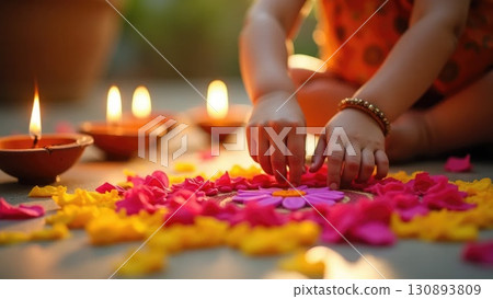 Dashahra, India. Child and Adult Hands Creating Rangoli Together with Flower Petals Dashahra, India. Child and Adult Hands Creating Rangoli Together with Flower Petals 130893809