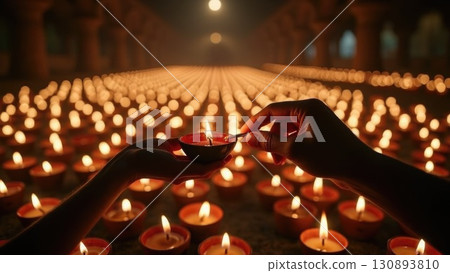 Lighting a Single Diya Among Hundreds in a Spiritual Temple Setting. Dashahra, India. Lighting a Single Diya Among Hundreds in a Spiritual Temple Setting. Dashahra, India. 130893810