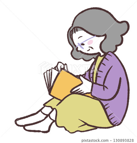 Illustration of a senior woman sitting and reading a book Illustration of a senior woman sitting and reading a book 130893828