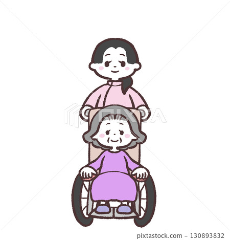 Illustration of a senior woman having her wheelchair pushed by a female staff member 130893832