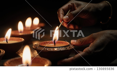 Close-Up of Hands Lighting Diya Oil Lamp Wick Against Dark Background. Dashahra, India, Close-Up of Hands Lighting Diya Oil Lamp Wick Against Dark Background. Dashahra, India, 130893836