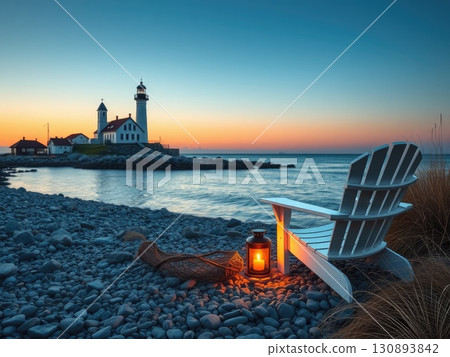 Peaceful Coastal Sunset with Lighthouse and Beach Chair 130893842