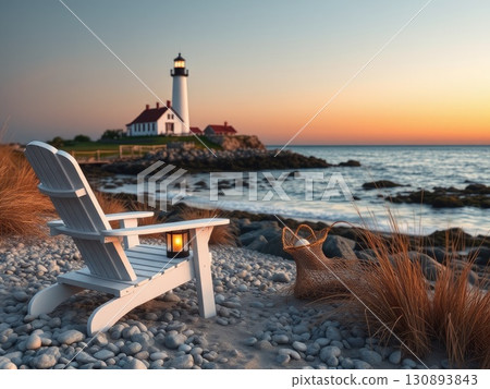 Peaceful Coastal Sunset with Lighthouse and Beach Chair 130893843