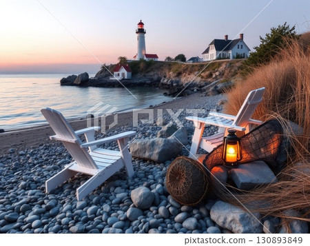 Peaceful Coastal Sunset with Lighthouse and Beach Chair 130893849