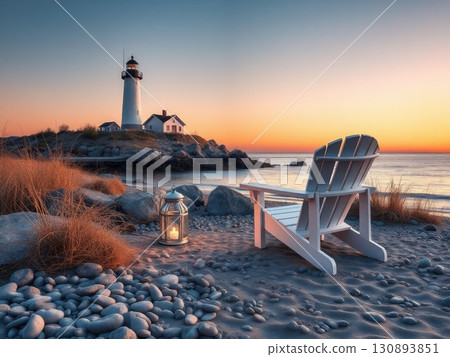 Peaceful Coastal Sunset with Lighthouse and Beach Chair 130893851