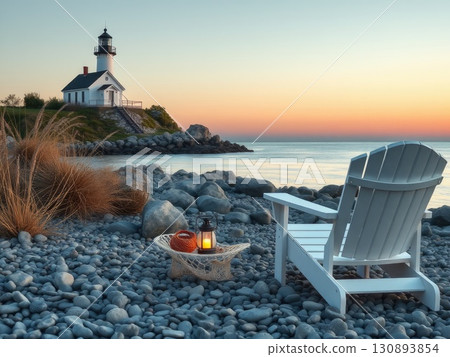 Peaceful Coastal Sunset with Lighthouse and Beach Chair 130893854