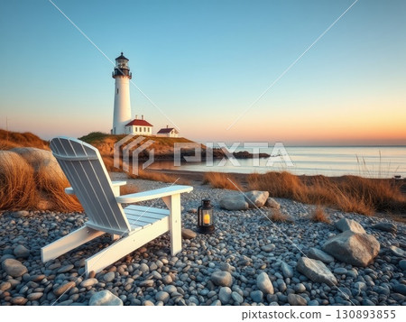 Peaceful Coastal Sunset with Lighthouse and Beach Chair 130893855