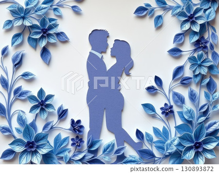 Paper Cut Couple in Cool Floral Embrace 130893872