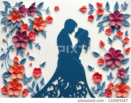 Paper Cut Couple in Romantic Floral Embrace 130893887