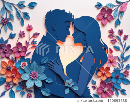 Paper Cut Couple in Romantic Floral Embrace Paper Cut Couple in Romantic Floral Embrace 130893888