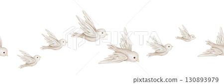 Seamless Pattern with Shoal of birds on isolated background. Hand drawn watercolor illustration with wavy line. Beige Border for banner or ornament in pastel colors. Heavenly drawing for backdrop. Seamless Pattern with Shoal of birds on isolated background. Hand drawn watercolor illustration with wavy line. Beige Border for banner or ornament in pastel colors. Heavenly drawing for backdrop. 130893979