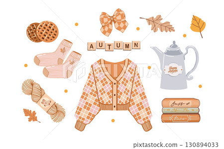 Cozy autumn attributes isolated on white background. Fall clip art set. Sweater, teapot, socks, yarn, books, waffles, bow, autumn leaves. Inscription Autumn. Vector illustration in beige and brown Cozy autumn attributes isolated on white background. Fall clip art set. Sweater, teapot, socks, yarn, books, waffles, bow, autumn leaves. Inscription Autumn. Vector illustration in beige and brown 130894033
