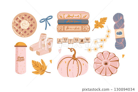 Cozy autumn attributes isolated on white background. Fall clip art set. Pumpkins, yarn, leaves, books, pastries, bows. Inscription Autumn. Vector fall illustration in pastel pink, yellow and blue Cozy autumn attributes isolated on white background. Fall clip art set. Pumpkins, yarn, leaves, books, pastries, bows. Inscription Autumn. Vector fall illustration in pastel pink, yellow and blue 130894034