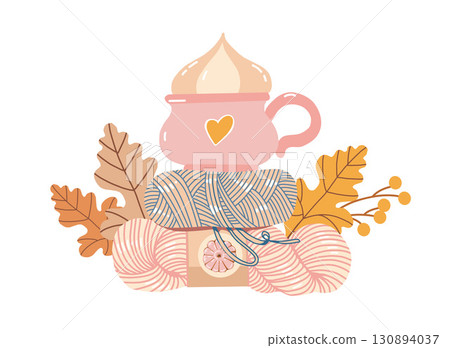 Autumn composition in pastel colors with hot drink, mug, yarn, autumn leaves. Cute Fall vector illustration in pink and beige shades. Autumn composition in pastel colors with hot drink, mug, yarn, autumn leaves. Cute Fall vector illustration in pink and beige shades. 130894037
