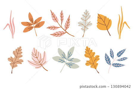 Autumn leaves collection. Seasonal design elements. Hand drawn fallen leaves isolated on white background. Set with foliage illustrations. Vector illustration in pastel pink, yellow, brown tones. 130894042