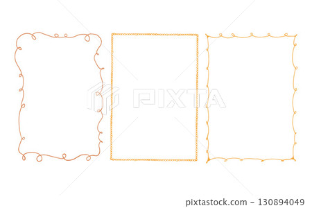 Set of elegant vector frames with whimsical hand drawn shapes. Collection of linear vintage frames in yellow and gold shades isolated on white background. Rectangular vertical frames. Vector 130894049