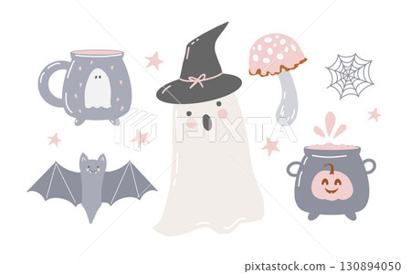 Set of cute childrens Halloween clip art. Ghost and holiday attributes. Bat, witchs cauldron, spider web. Hand drawn vector illustrations in cartoon style. Vector flat illustration in pastel pink and 130894050