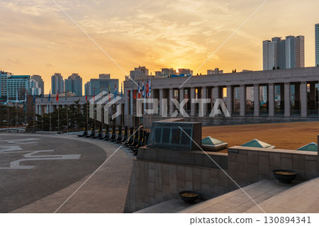 Colonnade and Flags at Sunset, War Memorial of Korea, Seoul 130894341