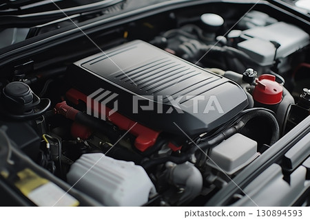 High-performance car engine displayed with precision under the hood during daylight High-performance car engine displayed with precision under the hood during daylight 130894593