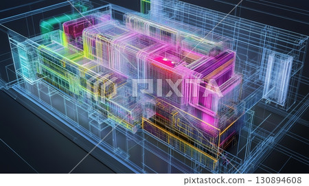 Abstract transparent technology concept with wireframe structure and glowing elements 130894608