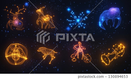 Neon constellation art of zodiac signs set against a starry night sky. Astrological symbols 130894653