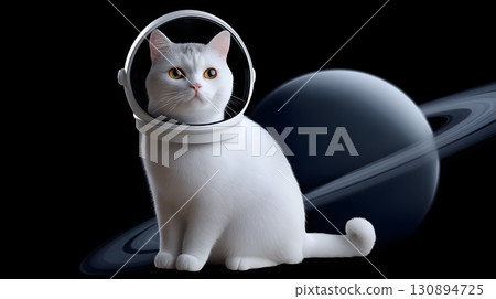 White cat wearing astronaut helmet sitting on planet Saturn 130894725