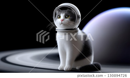 Curious cat in astronaut helmet gazing at Saturn 130894726