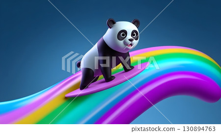 Playful panda surfs colorful rainbow wave 130894763