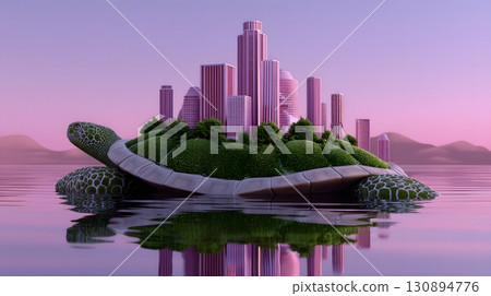 Floating eco-city island on a giant turtle's shell Floating eco-city island on a giant turtle's shell 130894776