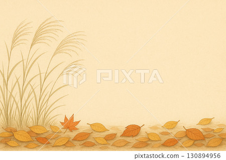 落葉系列：日本蒲葦與落葉的秋日田野背景 130894956