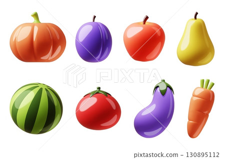 Cartoon 3d fruits and vegetables. Plasticine volumed style, vegetarian organic food, glossy eggplant, carrot and pumpkin, whole watermelon apple and tomato icon, classy vector isolated set Cartoon 3d fruits and vegetables. Plasticine volumed style, vegetarian organic food, glossy eggplant, carrot and pumpkin, whole watermelon apple and tomato icon, classy vector isolated set 130895112