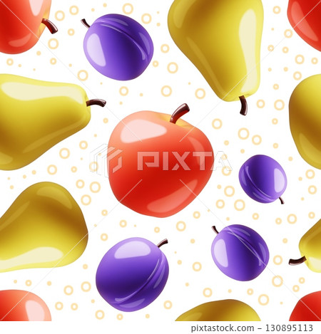 Cartoon 3d fruits seamless pattern. Volume vegetarian food, organic products, glossy juicy prune, apple and pear. Decor textile, wrapping paper, wallpaper. Print classy vector background 130895113