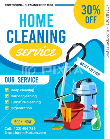 Cleaning service. Professional home washing, vacuum cleaner, mop, detergents, housekeeping advertising banner, sponge, rubber gloves, cartoon flat style isolated tidy vector concept Cleaning service. Professional home washing, vacuum cleaner, mop, detergents, housekeeping advertising banner, sponge, rubber gloves, cartoon flat style isolated tidy vector concept 130895117
