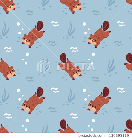 Cute floating beavers seamless pattern. Funny cartoon wild animals, water brown rodents, builders of natural dams. Textile, wrapping paper, wallpaper. Print for fabric garish vector background Cute floating beavers seamless pattern. Funny cartoon wild animals, water brown rodents, builders of natural dams. Textile, wrapping paper, wallpaper. Print for fabric garish vector background 130895119