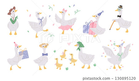 Cute goose characters. Funny farm domestic birds in hats, cartoon dressed geese, different poses, emotions and actions, goslings happy mascot, kids textile and nursery, garish vector isolated set Cute goose characters. Funny farm domestic birds in hats, cartoon dressed geese, different poses, emotions and actions, goslings happy mascot, kids textile and nursery, garish vector isolated set 130895120