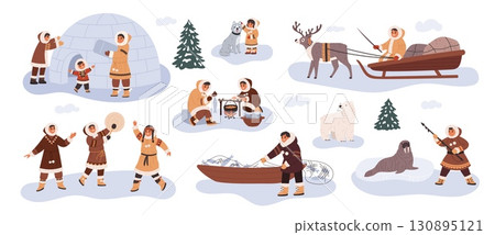 Eskimos characters. North alaska people, traditional warm clothes, inuits native family in igloo, ethnic group, hunters, reindeer herders, cartoon flat style isolated garish vector set Eskimos characters. North alaska people, traditional warm clothes, inuits native family in igloo, ethnic group, hunters, reindeer herders, cartoon flat style isolated garish vector set 130895121