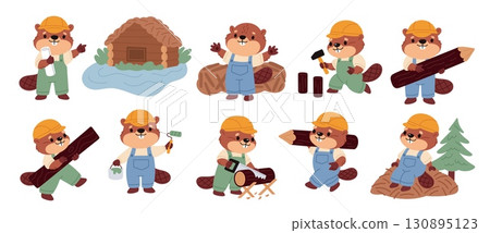 Funny beaver characters. Cute animal in jumpsuit, kids mascot, cartoon brown rodent, natural dams builder, river wildlife, constructor or carpenters symbol, garish vector cartoon isolated set 130895123