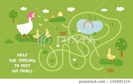 Funny geese maze. Cute mother goose with little goslings, family reunion helping, kids educational labyrinth game, page template, cartoon flat style isolated garish vector concept Funny geese maze. Cute mother goose with little goslings, family reunion helping, kids educational labyrinth game, page template, cartoon flat style isolated garish vector concept 130895124