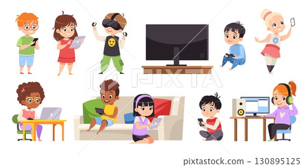 Funny kids use gadgets. Children with different devices, game consoles, laptops, vr glasses, learning and entertainment, boys and girls leisure time, cartoon flat isolated tidy vector set Funny kids use gadgets. Children with different devices, game consoles, laptops, vr glasses, learning and entertainment, boys and girls leisure time, cartoon flat isolated tidy vector set 130895125