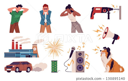 Noise pollution elements. Loud sounds sensitivity, people cover ears with hands, industrial sound, concern sources, suffering characters, cartoon flat style isolated nowaday vector set 130895140