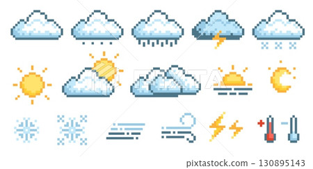 Pixel weather icons. 8 bit style graphic, web or climate app elements, forecast simple objects game assets, sun, rain, snow, cloudiness conditions, qualitative vector isolated set 130895143
