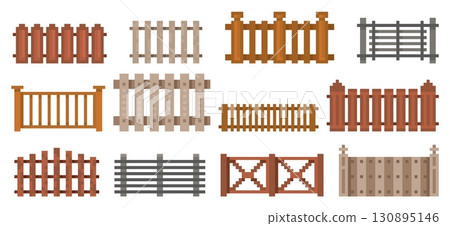 Pixel wooden fences. Retro video game assets, country and farm locations elements, 8 bit graphics, village barrier segments. Different types yard railings. Qualitative vector isolated set Pixel wooden fences. Retro video game assets, country and farm locations elements, 8 bit graphics, village barrier segments. Different types yard railings. Qualitative vector isolated set 130895146