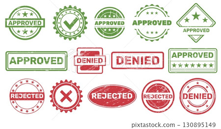 Rejected stamp. Different shapes approved prints, grunge texture, official seals with inscriptions, state structures, graphic certified emblem for product qualitative vector isolated set Rejected stamp. Different shapes approved prints, grunge texture, official seals with inscriptions, state structures, graphic certified emblem for product qualitative vector isolated set 130895149