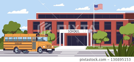 Yellow bus on street. American school building, flying flag, kids primary education, public transport, students vehicle, automobile municipal property cartoon flat nowaday vector concept 130895153