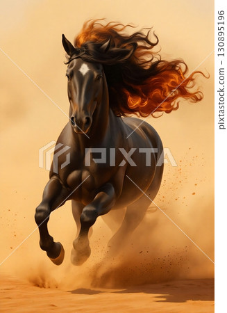 Wild black horse running fast through desert dust 130895196