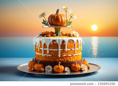 Autumn pumpkin cake with flowers and white icing 130895200