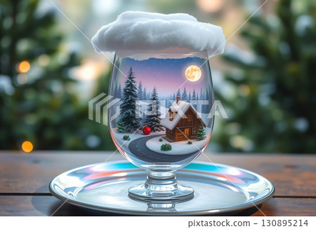 Glowing moon above snowy cabin in pine forest 130895214